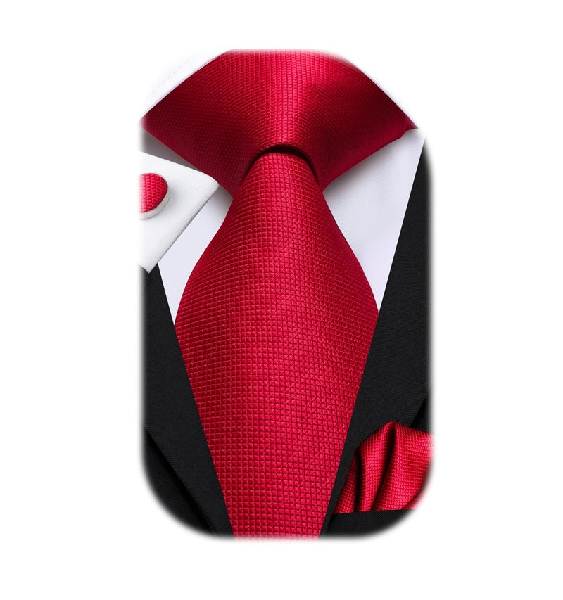 Dubulle Mens Tie Set Solid Paisley Silk Striped Necktie for Men with Cufflinks Tie and Pocket Square,Red - Image 1